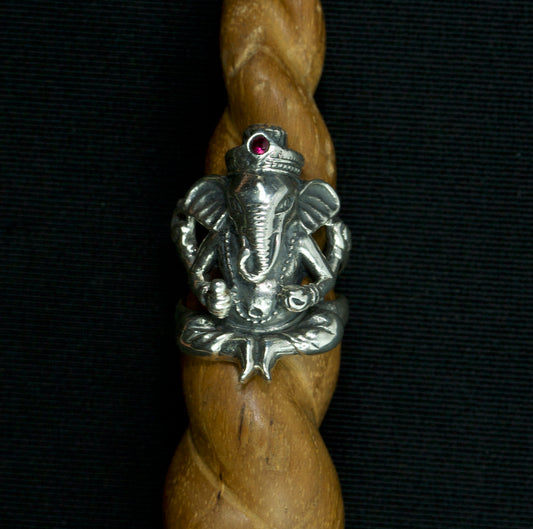 Ganesha Ring - Small - Sterling Silver - Ruby