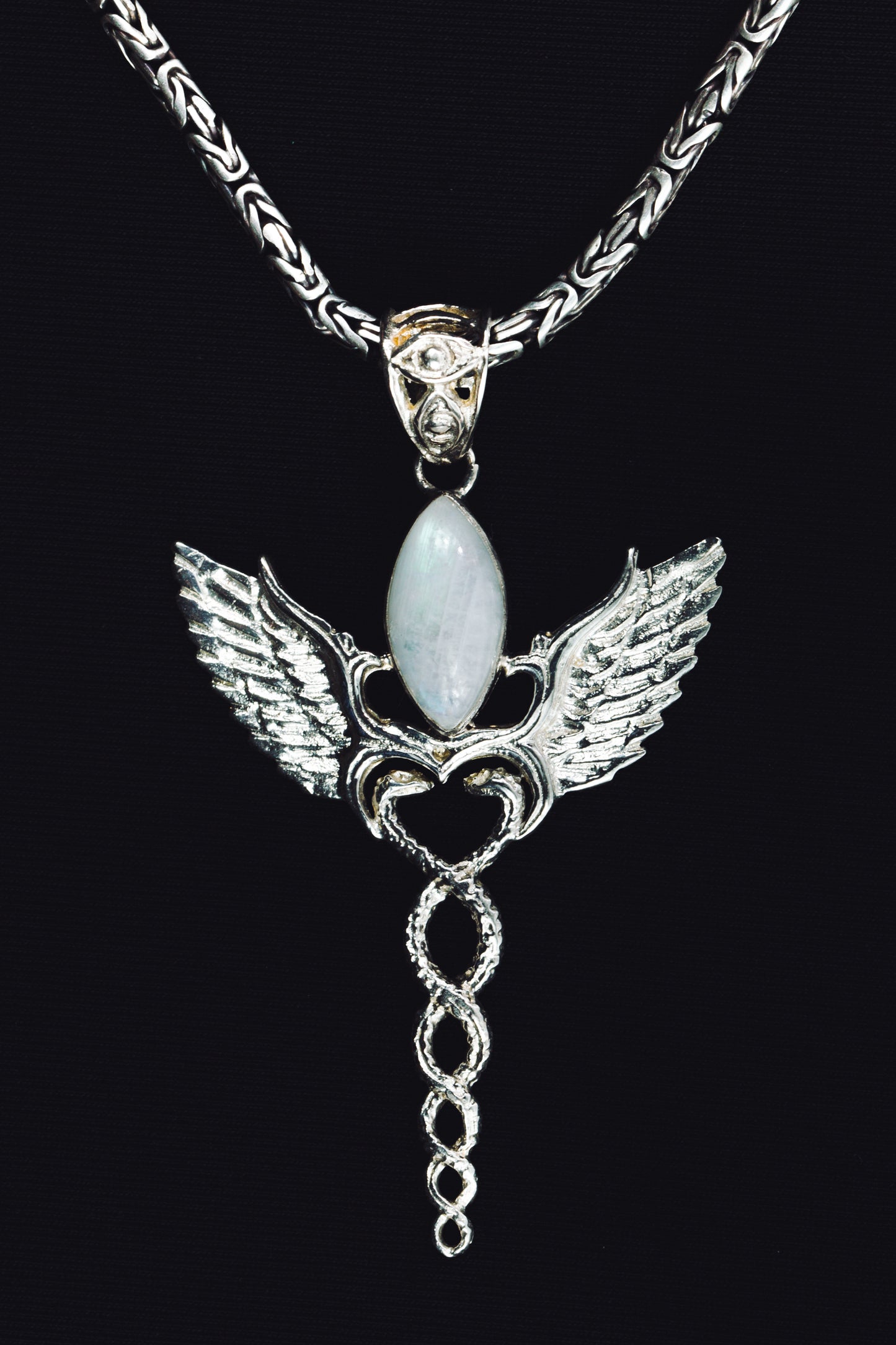 Caduceus Pendant - Sterling Silver - Rainbow Moonstone