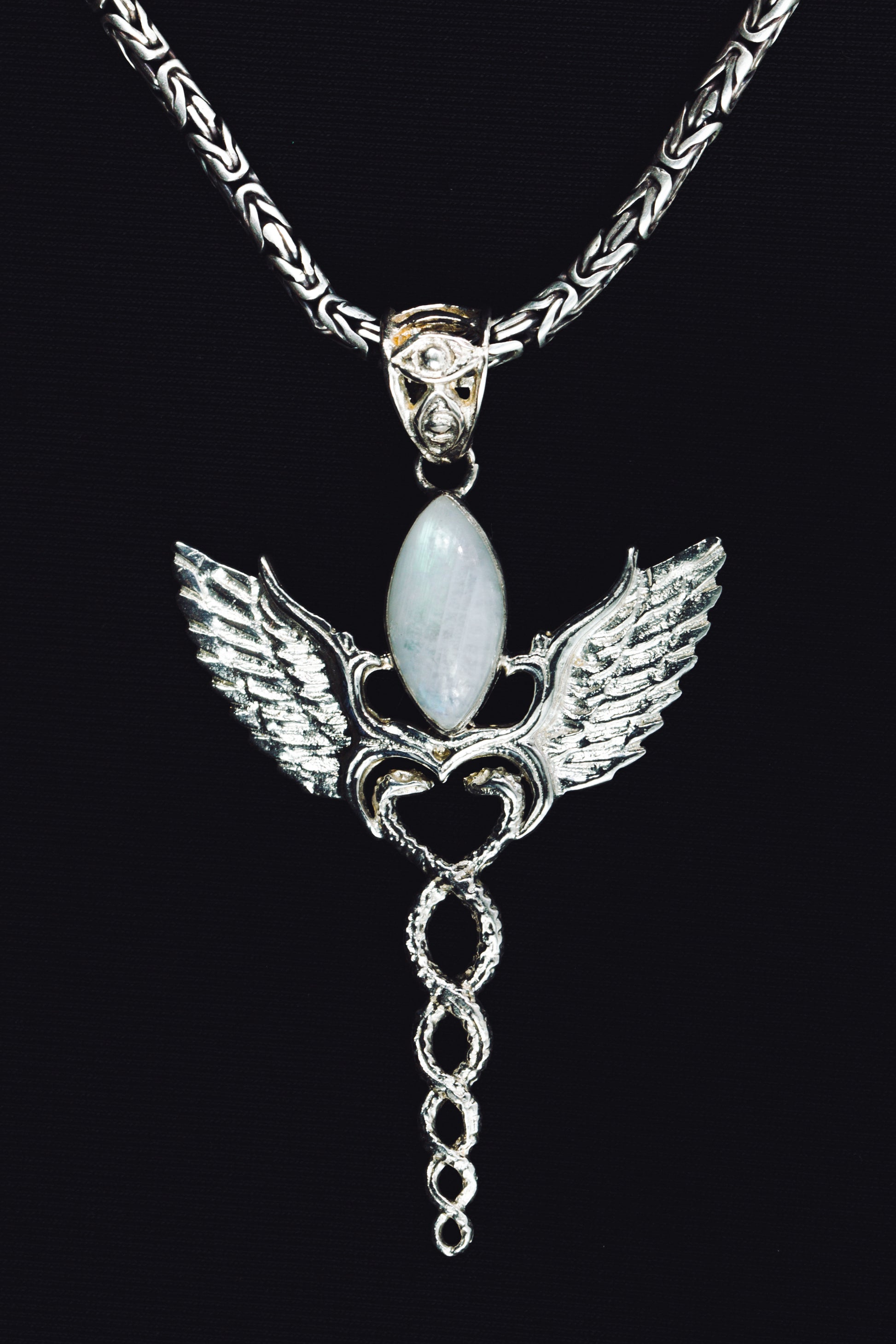 Caduceus Pendant - Sterling Silver - Rainbow Moonstone