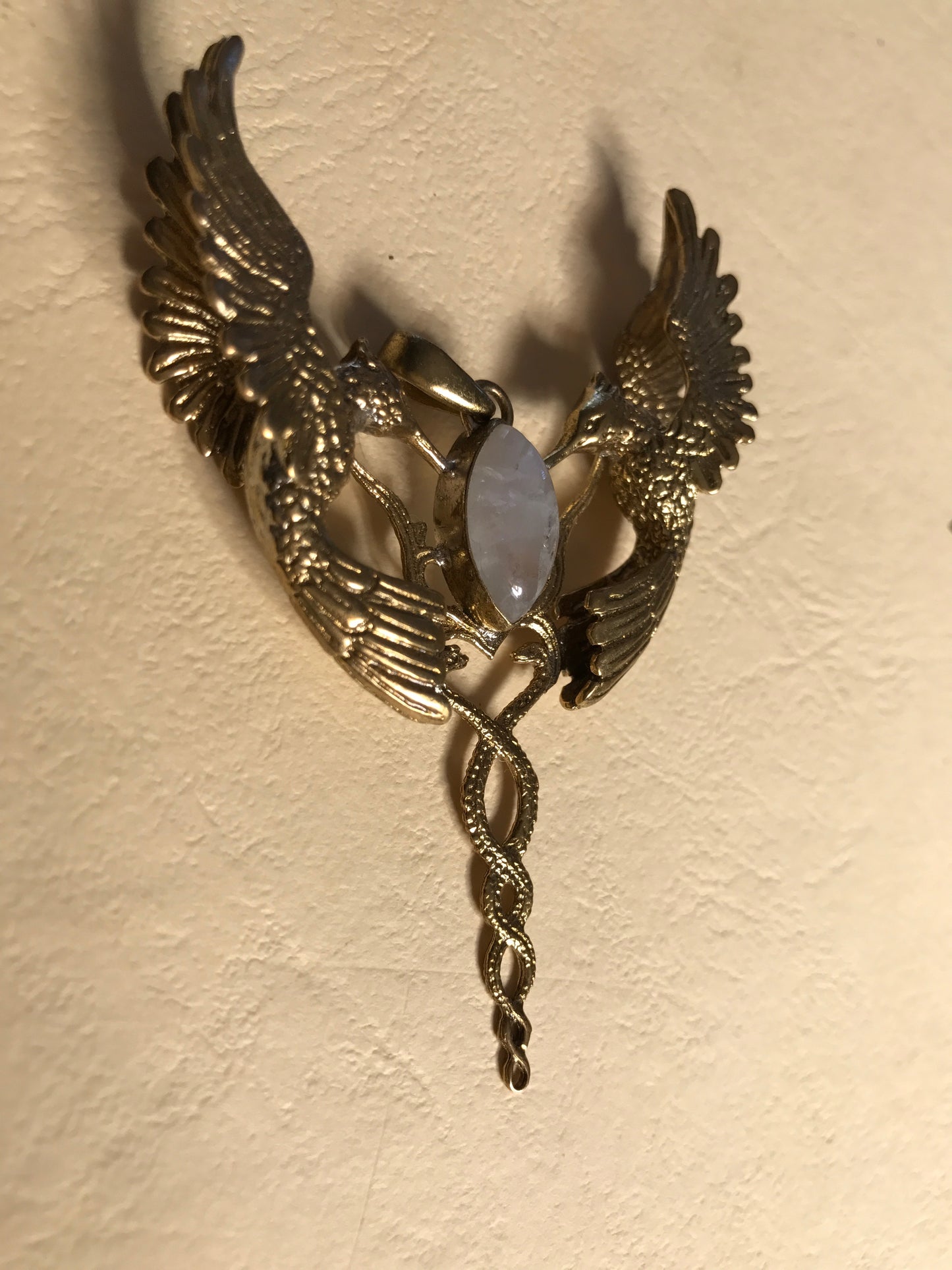 Humming Caduceus Pendant - Brass - Rainbow Moonstone