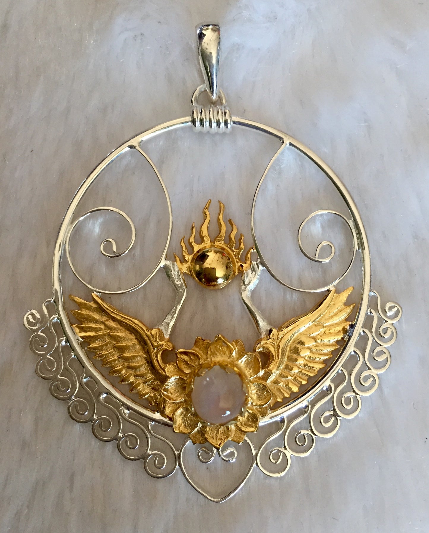 Shakti Bhakti Pendant - Sterling Silver / 24K Gold Vermeil - Rainbow Moonstone