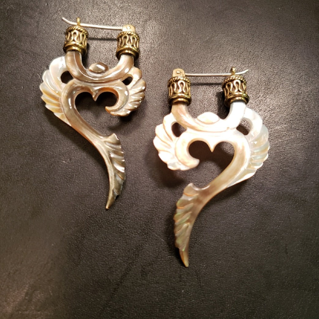 Winged Om Earrings Dark Mother of Pearl