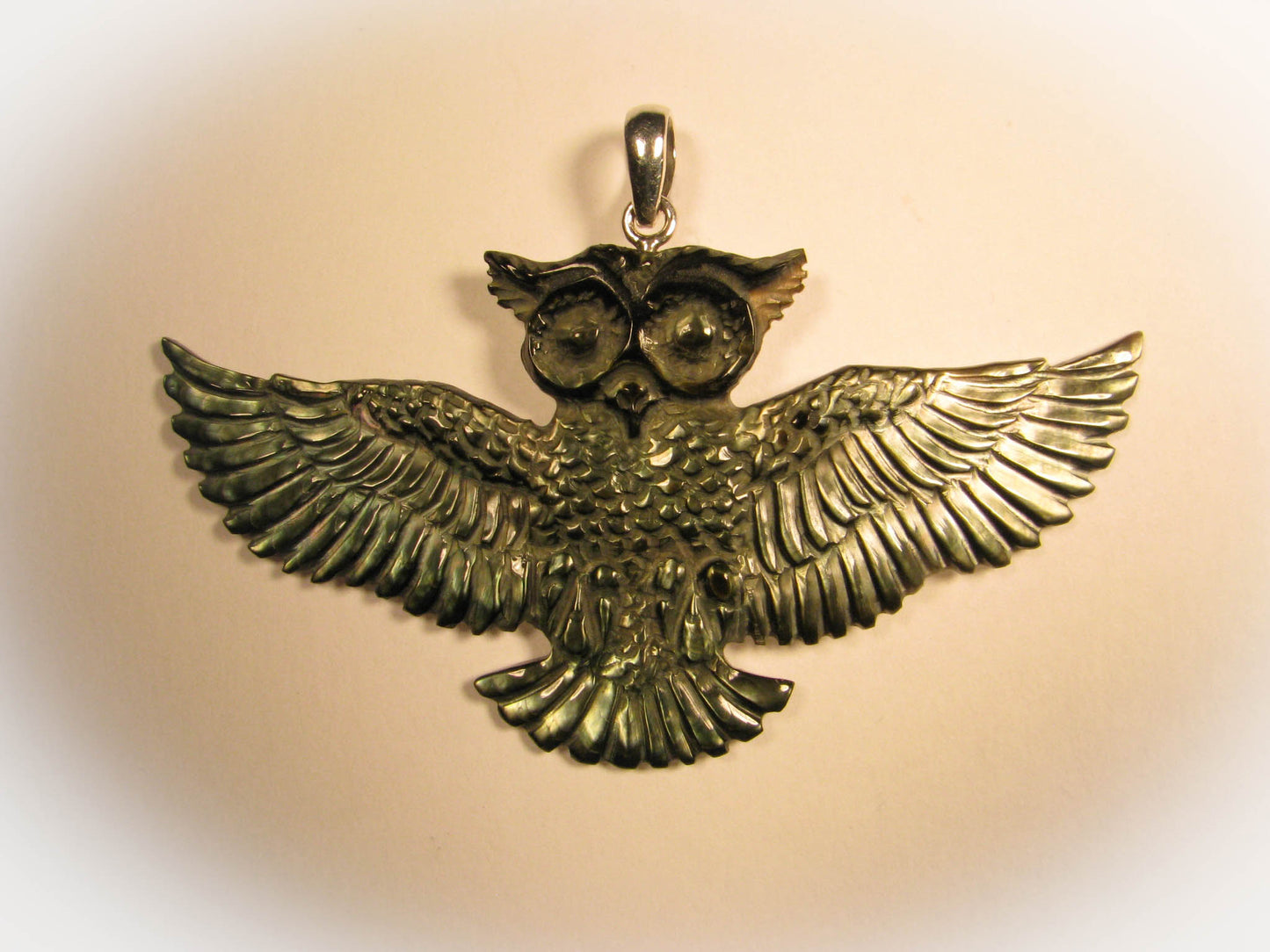 Owl Pendant - Dark Mother of Pearl - Brass Bail