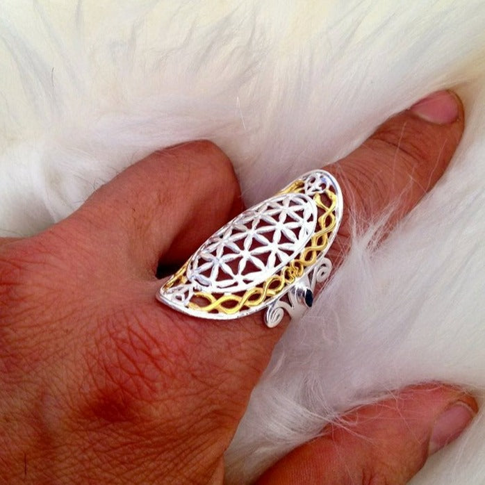 Flower of Life Ring - Long - 24k Gold plated / Sterling Silver
