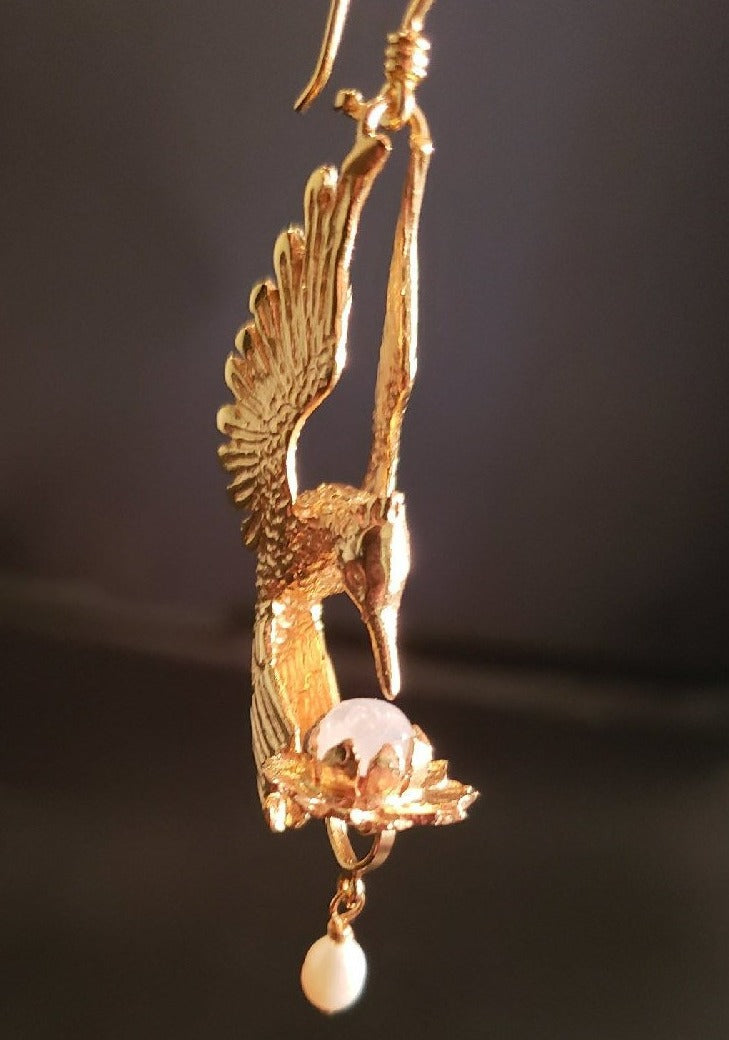 Hummingbird Lotus Earrings - 24K Gold Plated - Rainbow Moonstone