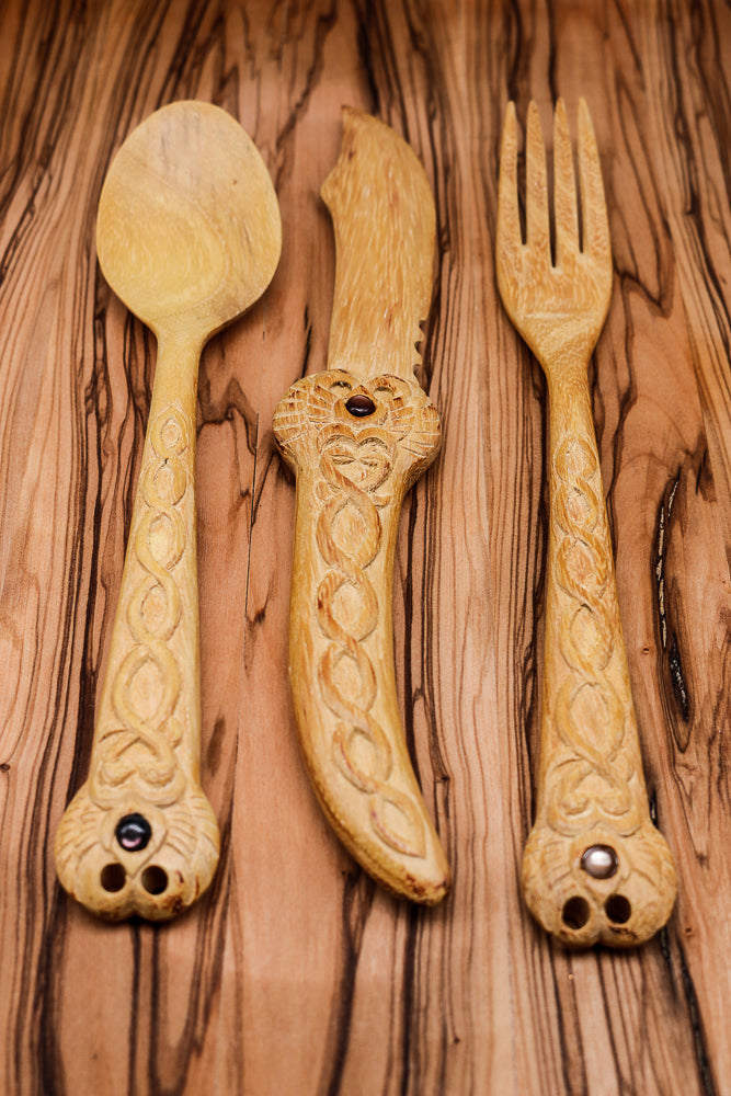 Ornate Hand-Carved Wooden Fork, Knife & Spoon Set