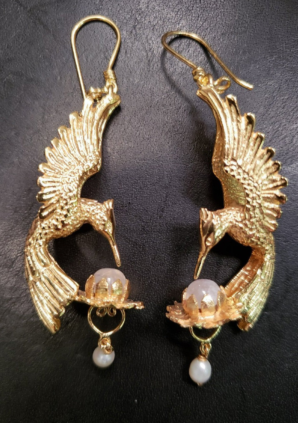 Hummingbird Lotus Earrings - 24K Gold Plated - Rainbow Moonstone