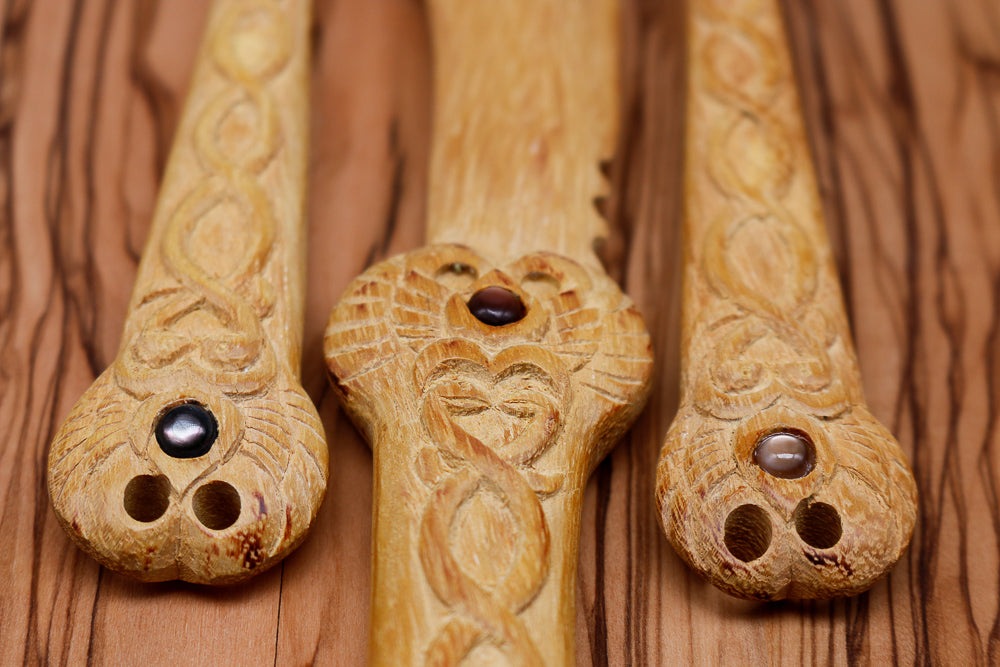 Ornate Hand-Carved Wooden Fork, Knife & Spoon Set